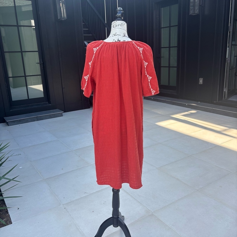 J.Jill Red Embroidered Crinkle Dress | Size Small | Boho Peasant Style - Picture 2 of 4